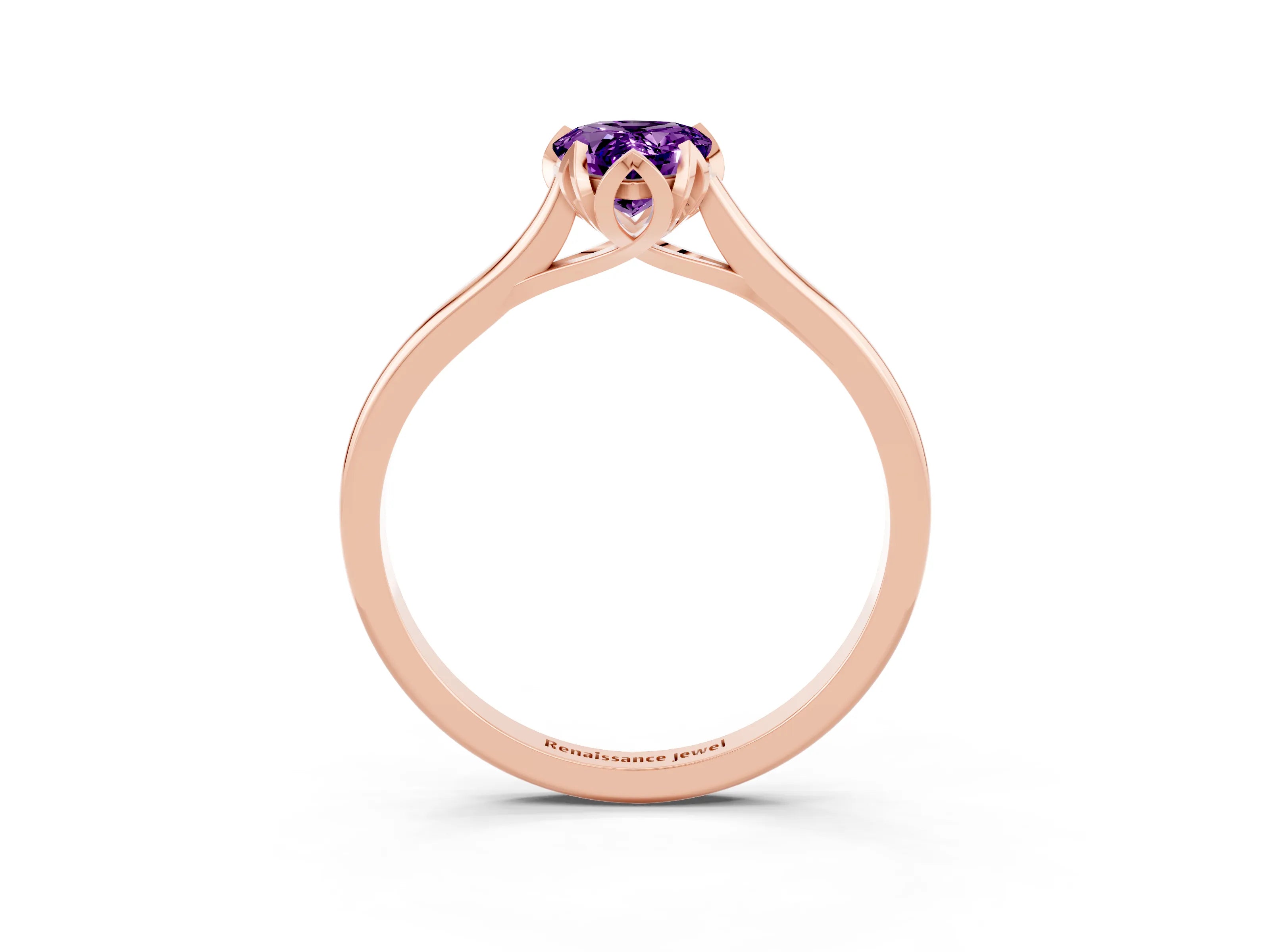 Rose gold Pear Cut Amethyst Solitaire Ring with Flower Prong Setting and Classic Band_15