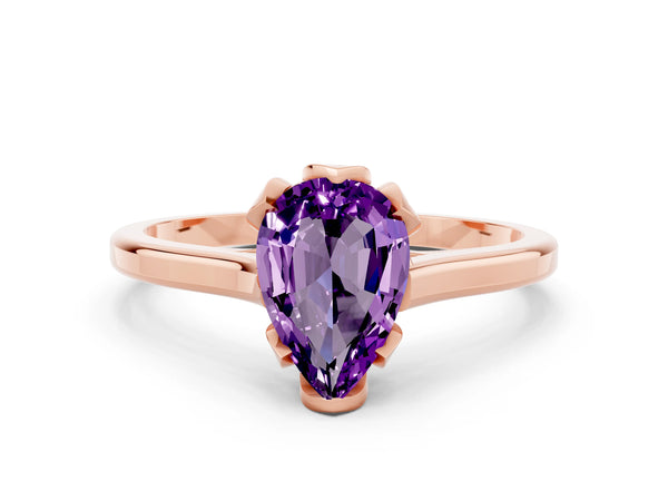Rose gold Pear Cut Amethyst Solitaire Ring with Flower Prong Setting and Classic Band