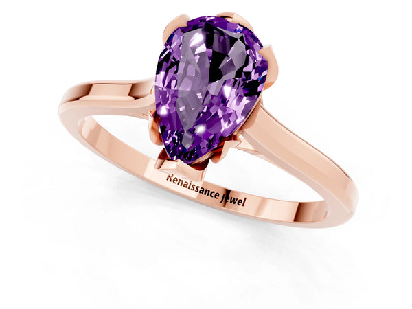 Rose gold Pear Cut Amethyst Solitaire Ring with Flower Prong Setting and Classic Band