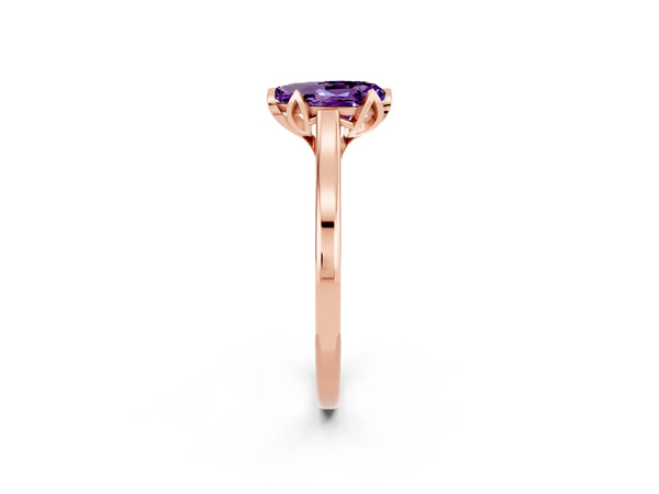Rose gold Pear Cut Amethyst Solitaire Ring with Flower Prong Setting and Classic Band