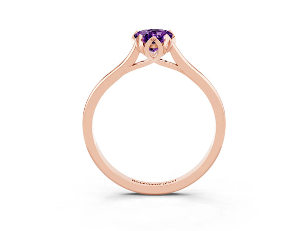 Rose gold Pear Cut Amethyst Solitaire Ring with Flower Prong Setting and Classic Band