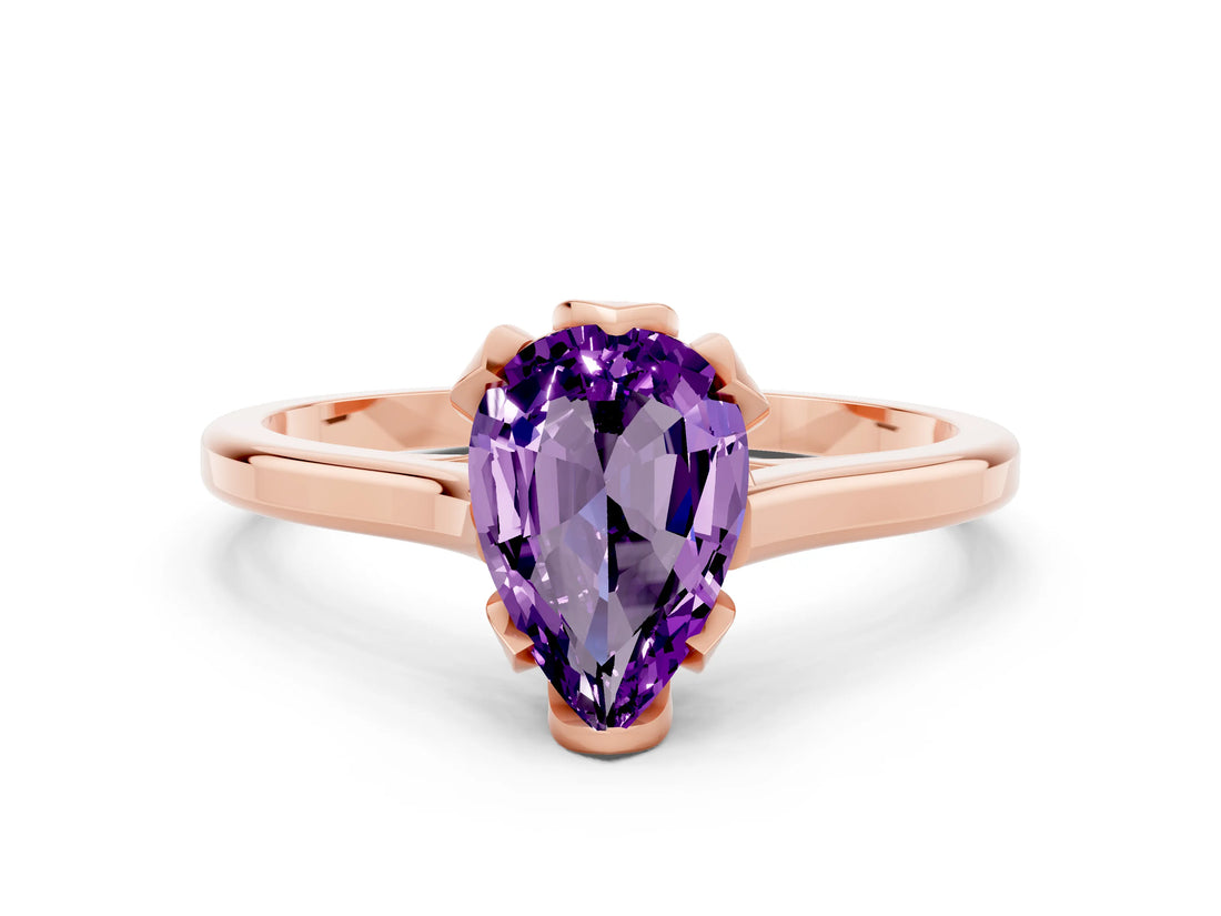 Rose gold Pear Cut Amethyst Solitaire Ring with Flower Prong Setting and Classic Band_36