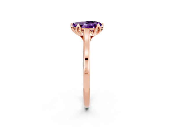 Rose Gold Pear-Shaped Amethyst Floral Solitaire Engagement Ring with Plain Band
