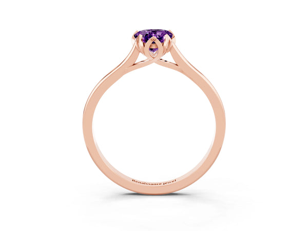 Rose Gold Pear-Shaped Amethyst Floral Solitaire Engagement Ring with Plain Band