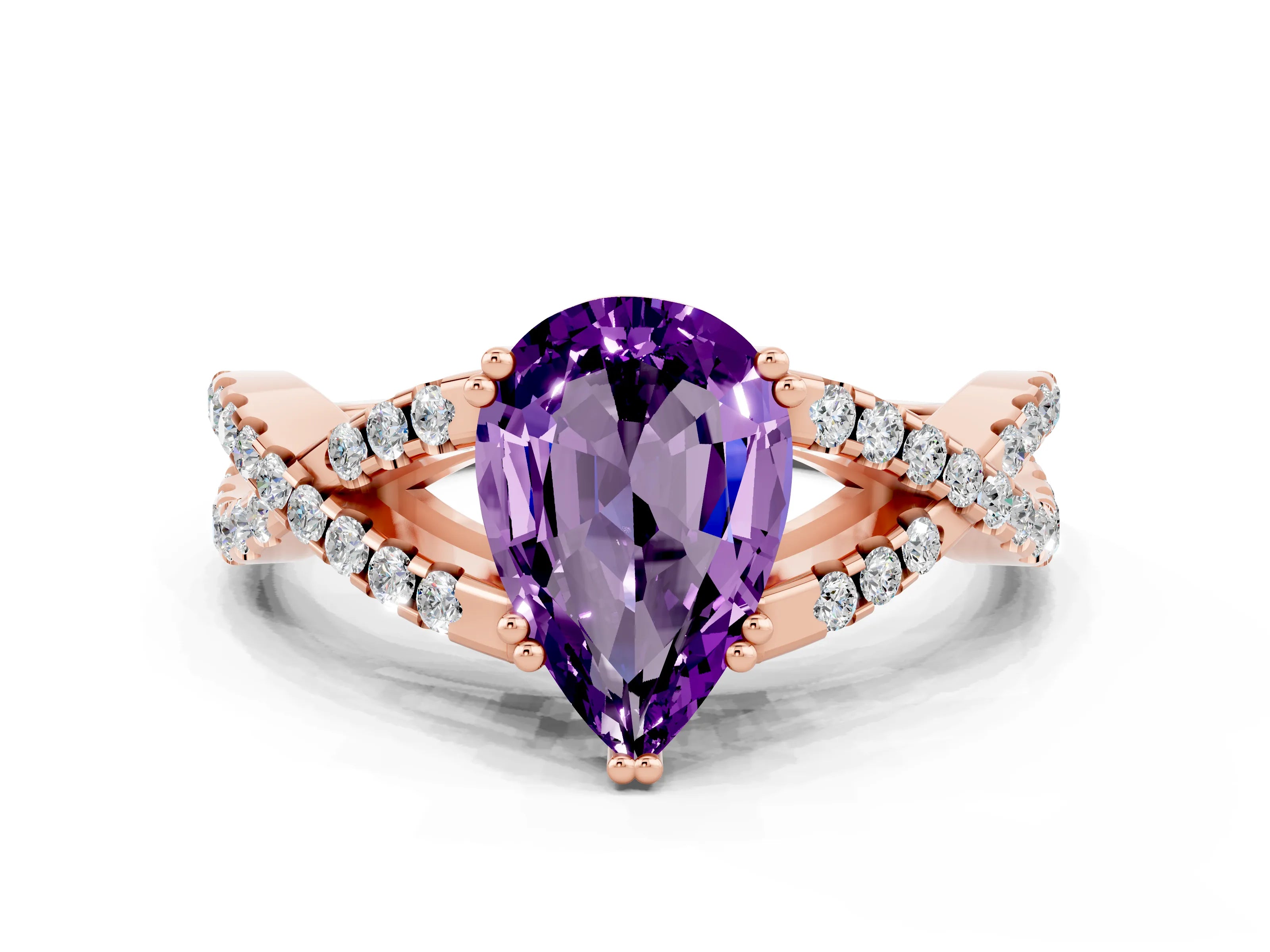 Rose gold Pear Cut Amethyst Solitaire Ring with Four-Prong Setting and Twisted Pavé Band