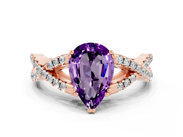 Rose gold Pear Cut Amethyst Solitaire Ring with Four-Prong Setting and Twisted Pavé Band