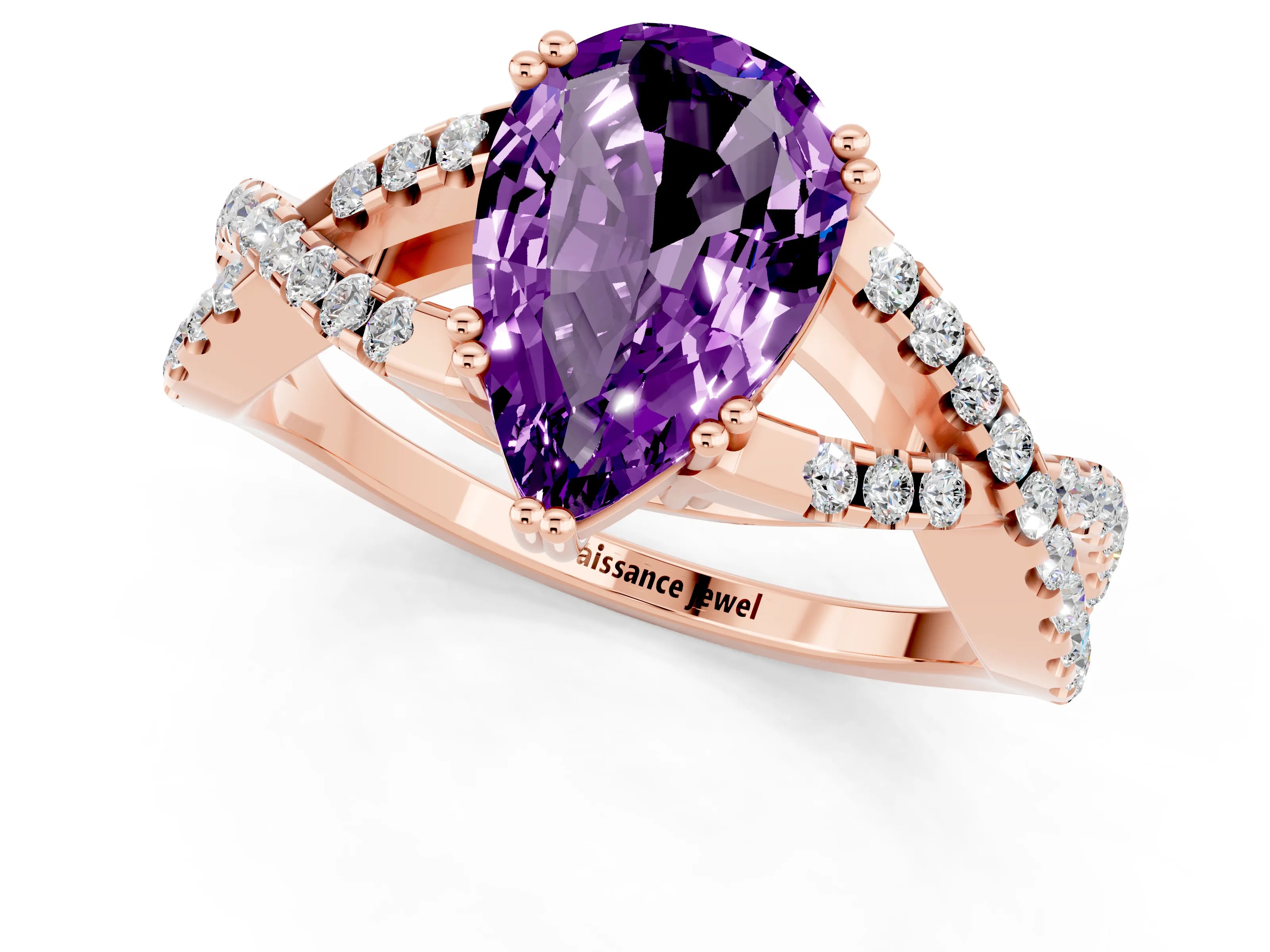 Rose gold Pear Cut Amethyst Solitaire Ring with Four-Prong Setting and Twisted Pavé Band_1