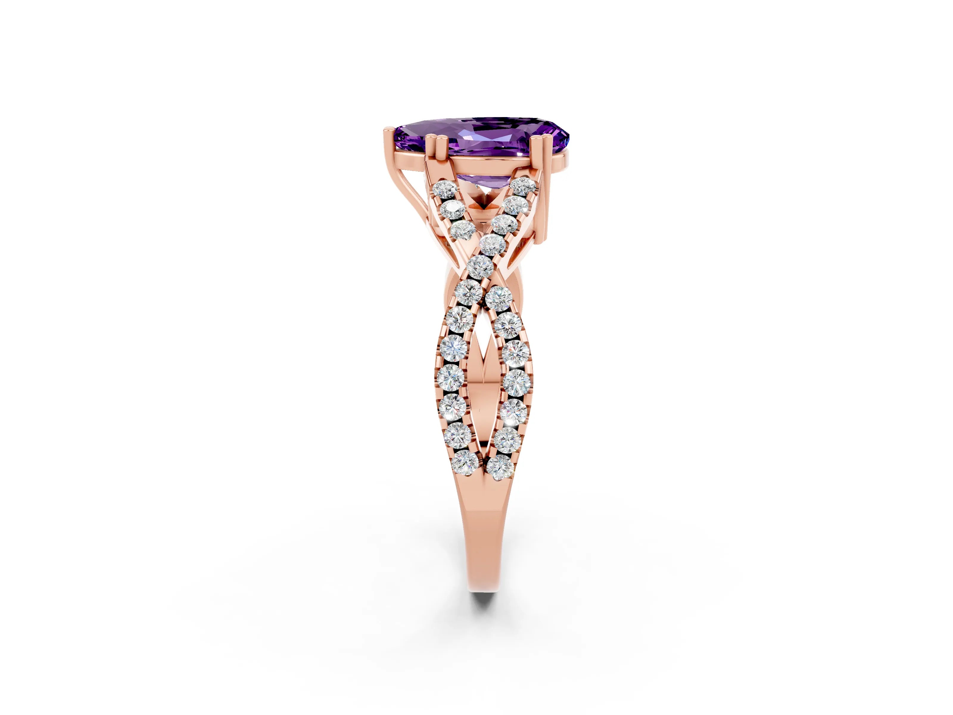Rose gold Pear Cut Amethyst Solitaire Ring with Four-Prong Setting and Twisted Pavé Band_2
