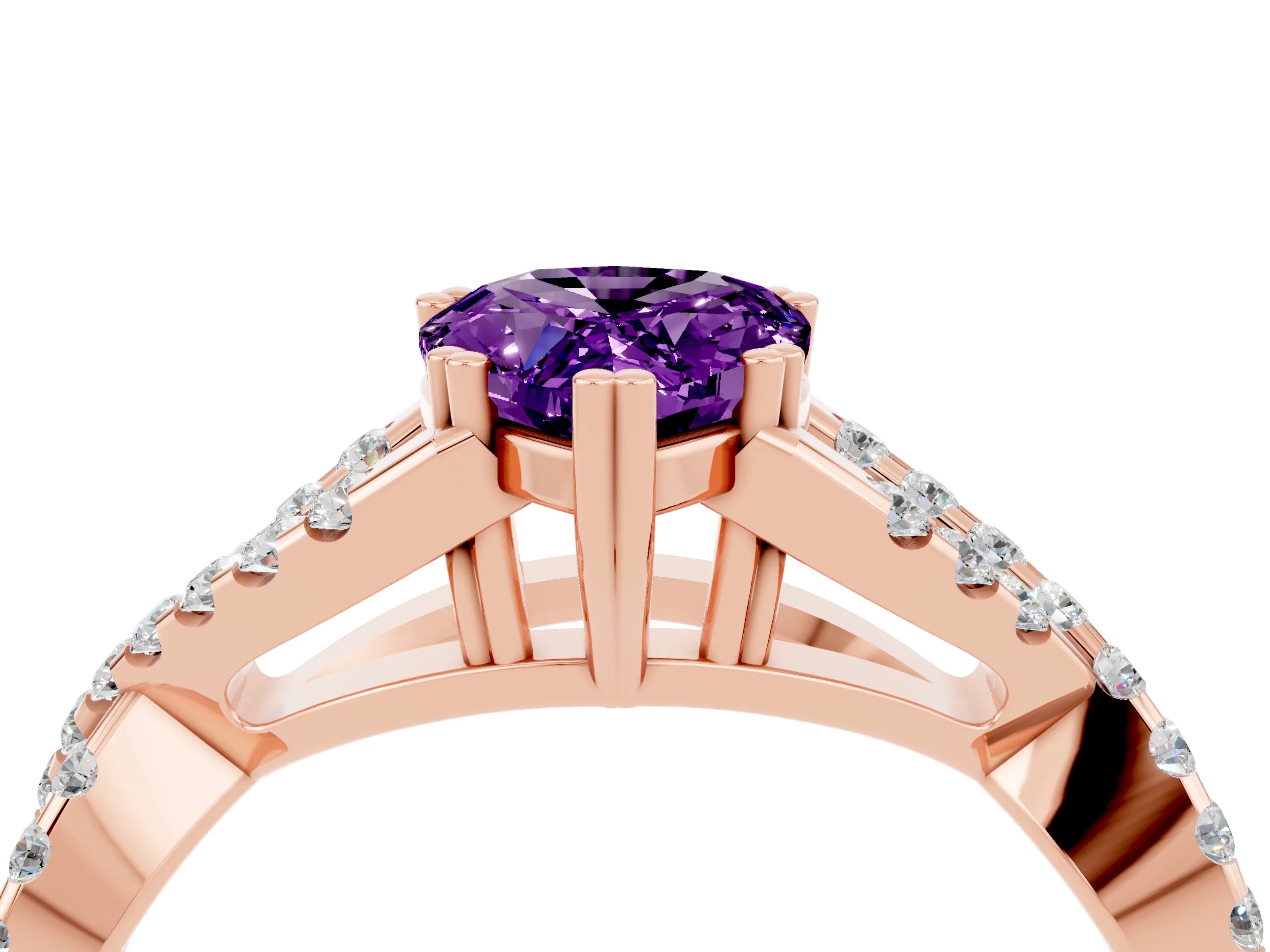 Rose gold Pear Cut Amethyst Solitaire Ring with Four-Prong Setting and Twisted Pavé Band_4