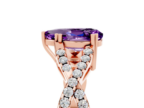 Rose gold Pear Cut Amethyst Solitaire Ring with Four-Prong Setting and Twisted Pavé Band_5