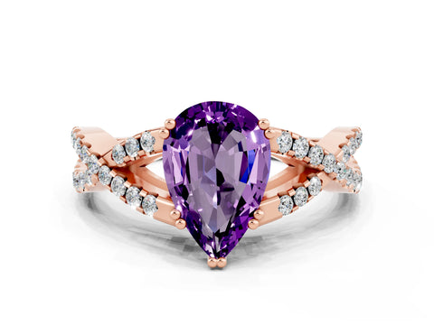 Rose gold Pear Cut Amethyst Solitaire Ring with Four-Prong Setting and Twisted Pavé Band