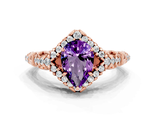 Rose gold Pear Cut Amethyst Solitaire Ring with Hidden Halo and Pavé Band