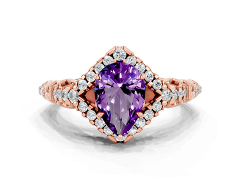 Rose gold Pear Cut Amethyst Solitaire Ring with Hidden Halo and Pavé Band_12