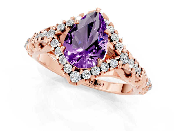 Rose gold Pear Cut Amethyst Solitaire Ring with Hidden Halo and Pavé Band