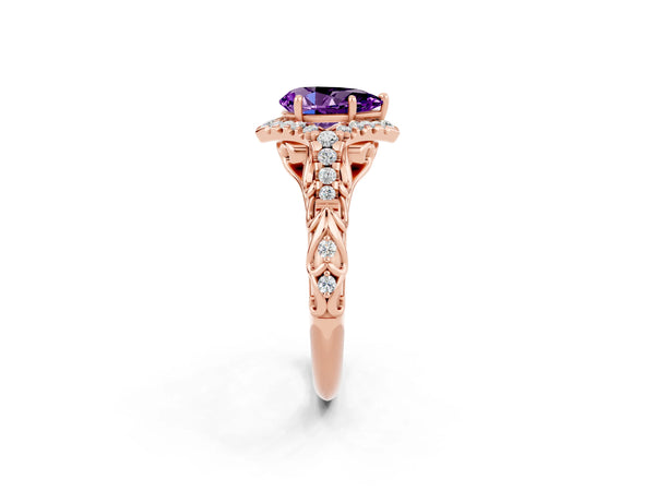 Rose gold Pear Cut Amethyst Solitaire Ring with Hidden Halo and Pavé Band