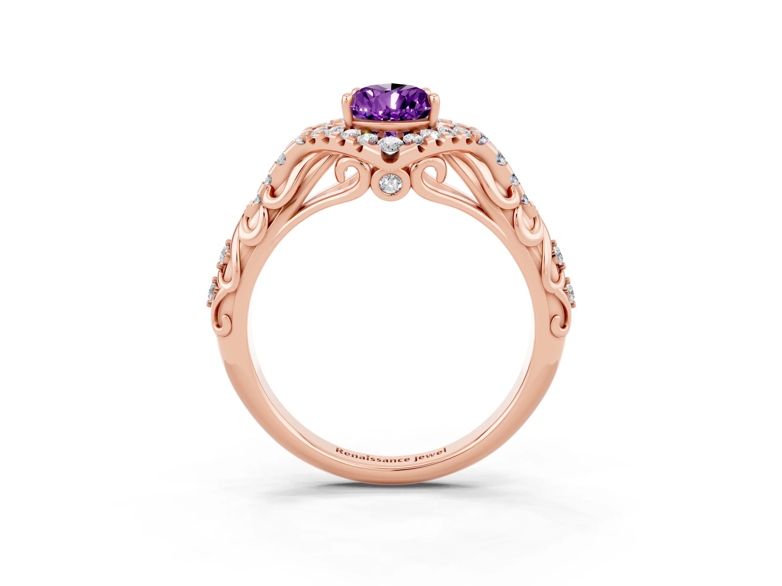 Rose gold Pear Cut Amethyst Solitaire Ring with Hidden Halo and Pavé Band_15