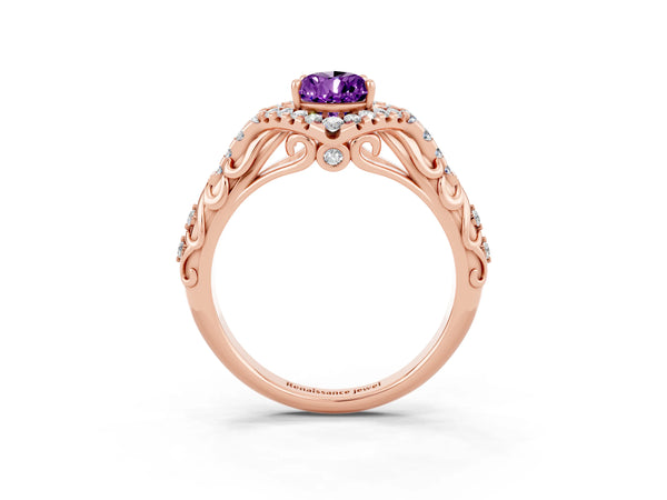 Rose gold Pear Cut Amethyst Solitaire Ring with Hidden Halo and Pavé Band