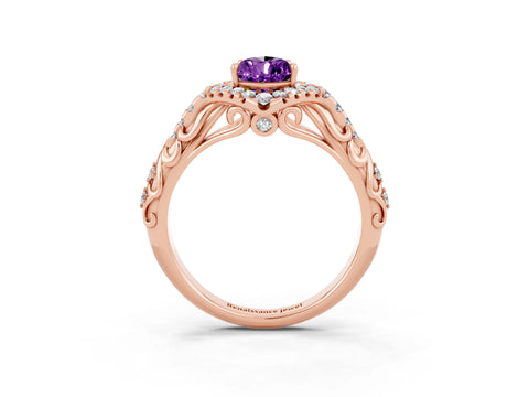 Rose gold Pear Cut Amethyst Solitaire Ring with Hidden Halo and Pavé Band_15