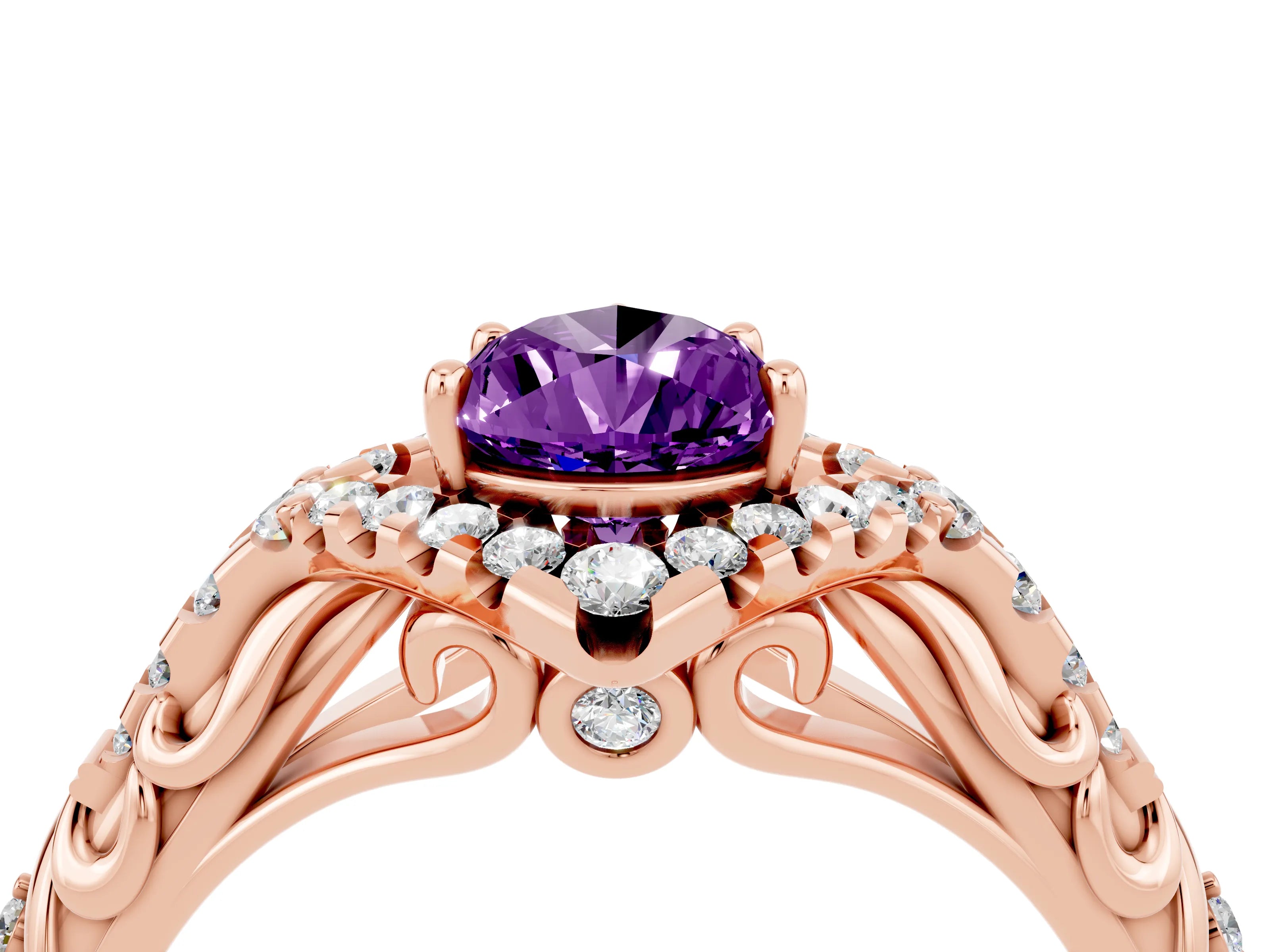 Rose gold Pear Cut Amethyst Solitaire Ring with Hidden Halo and Pavé Band_16