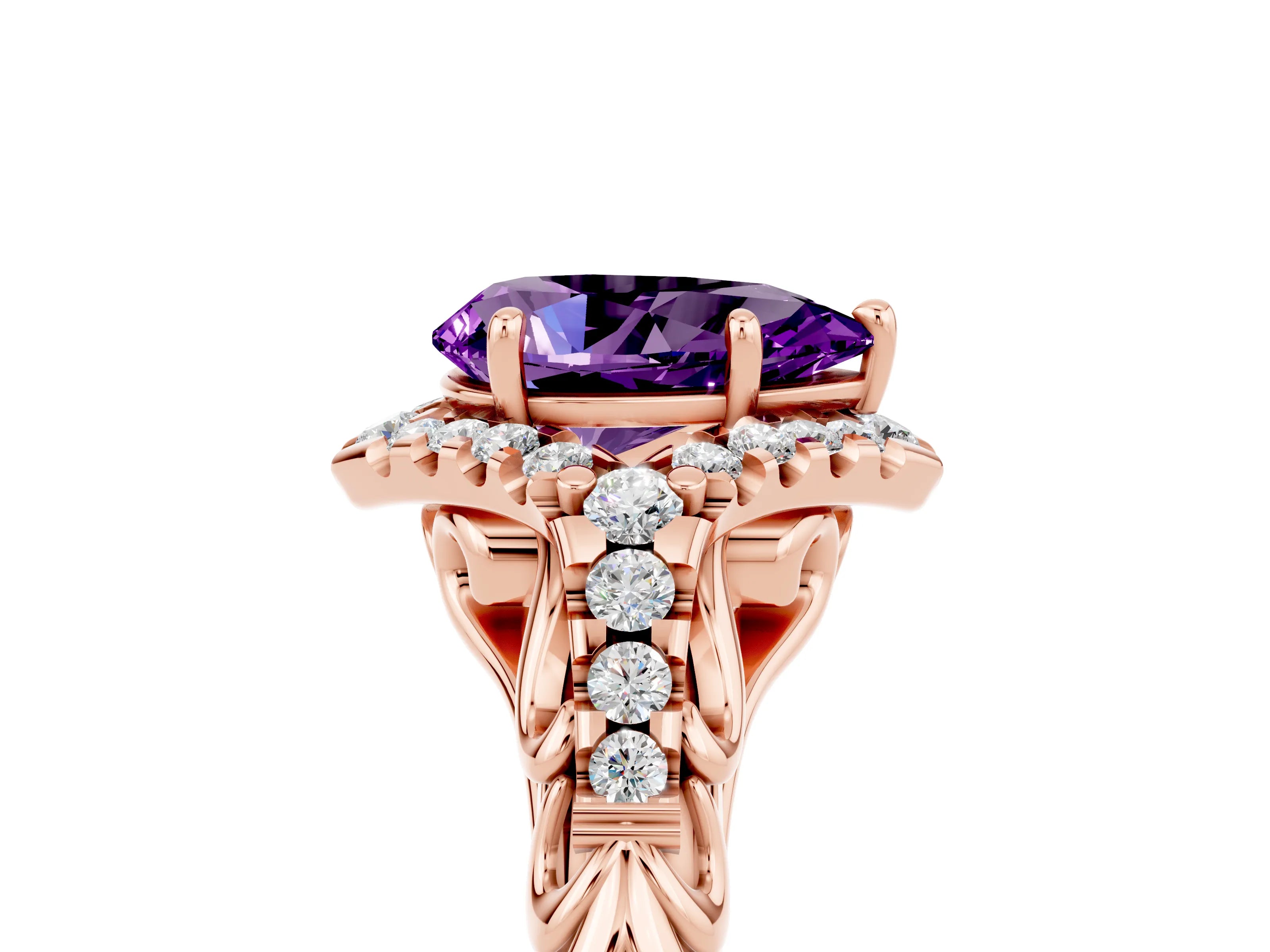 Rose gold Pear Cut Amethyst Solitaire Ring with Hidden Halo and Pavé Band_17