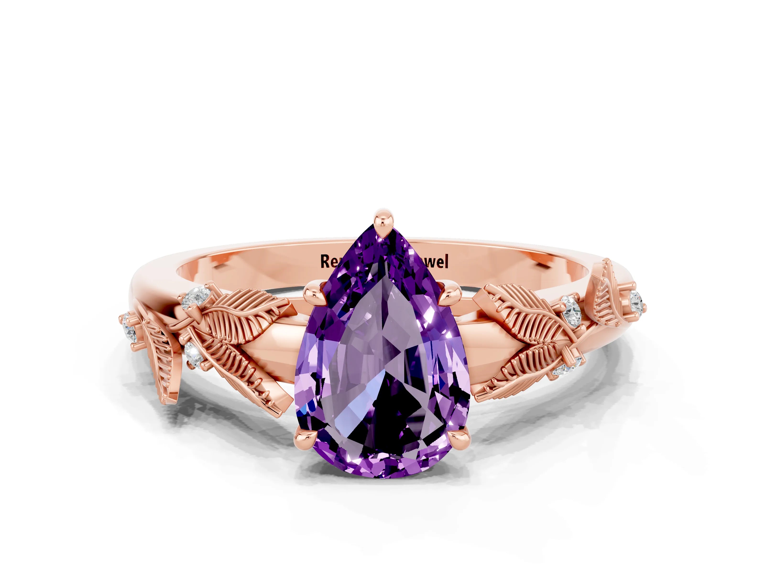 Rose gold Pear Cut Amethyst Solitaire Ring with Leaf Motif Band and Four-Prong Setting