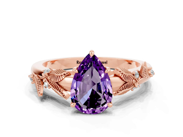 Rose gold Pear Cut Amethyst Solitaire Ring with Leaf Motif Band and Four-Prong Setting
