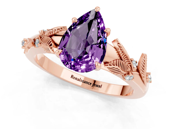 Rose gold Pear Cut Amethyst Solitaire Ring with Leaf Motif Band and Four-Prong Setting
