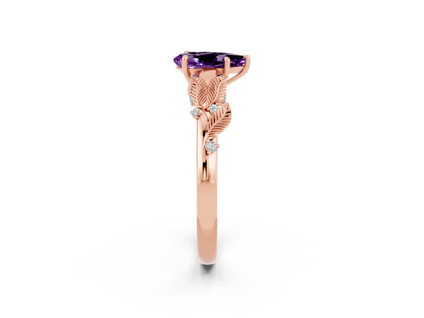 Rose gold Pear Cut Amethyst Solitaire Ring with Leaf Motif Band and Four-Prong Setting
