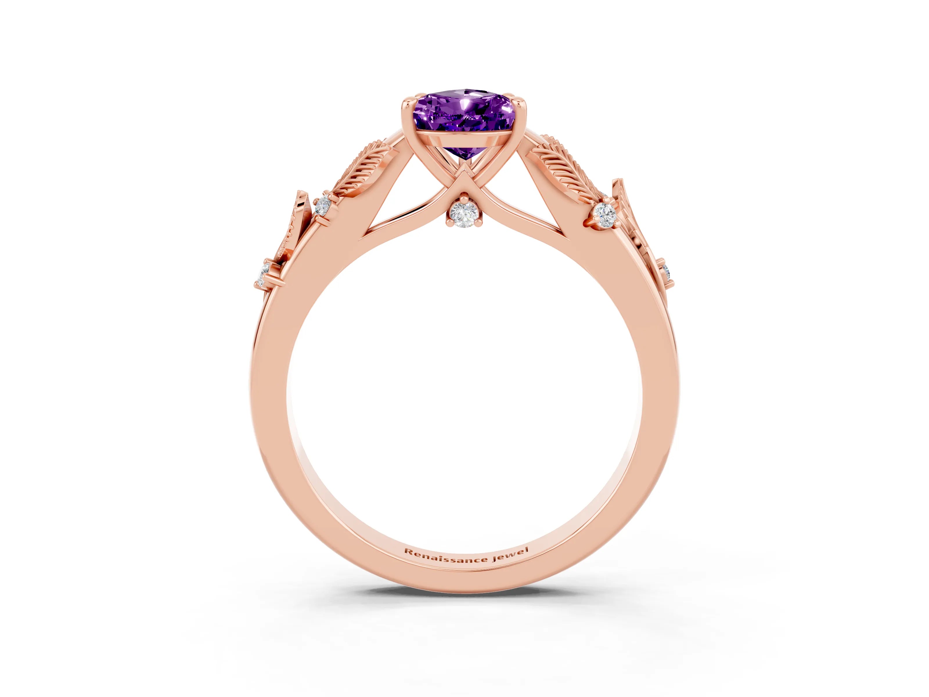 Rose gold Pear Cut Amethyst Solitaire Ring with Leaf Motif Band and Four-Prong Setting_3