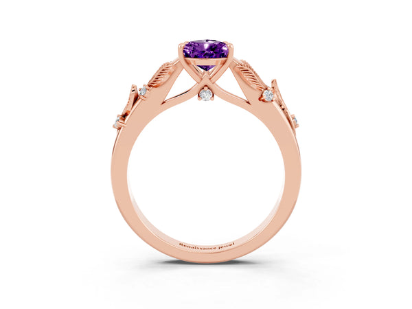 Rose gold Pear Cut Amethyst Solitaire Ring with Leaf Motif Band and Four-Prong Setting