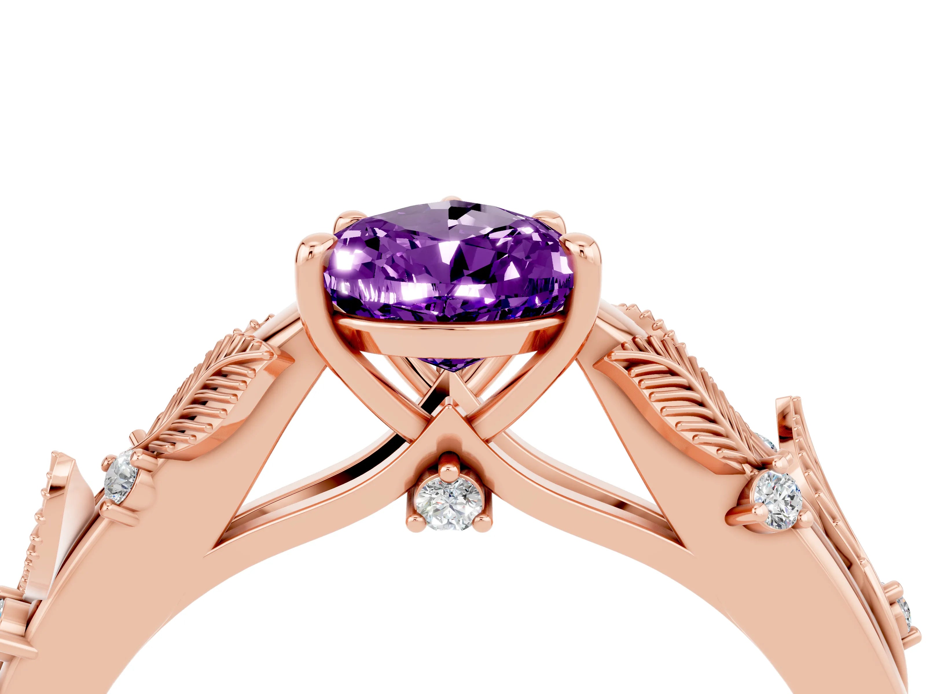 Rose gold Pear Cut Amethyst Solitaire Ring with Leaf Motif Band and Four-Prong Setting_4
