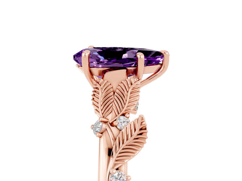 Rose gold Pear Cut Amethyst Solitaire Ring with Leaf Motif Band and Four-Prong Setting_5