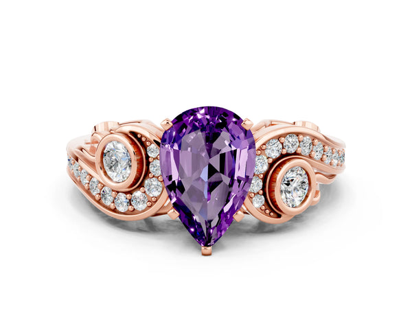 Rose gold Pear Cut Amethyst Solitaire Ring with Milgrain Pavé Band and Four-Prong Setting