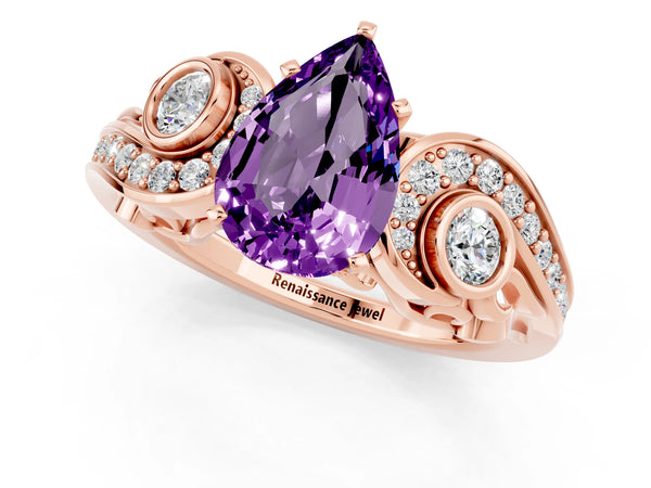Rose gold Pear Cut Amethyst Solitaire Ring with Milgrain Pavé Band and Four-Prong Setting