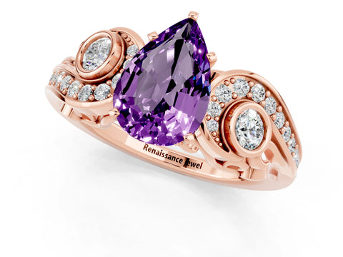 Rose gold Pear Cut Amethyst Solitaire Ring with Milgrain Pavé Band and Four-Prong Setting_25