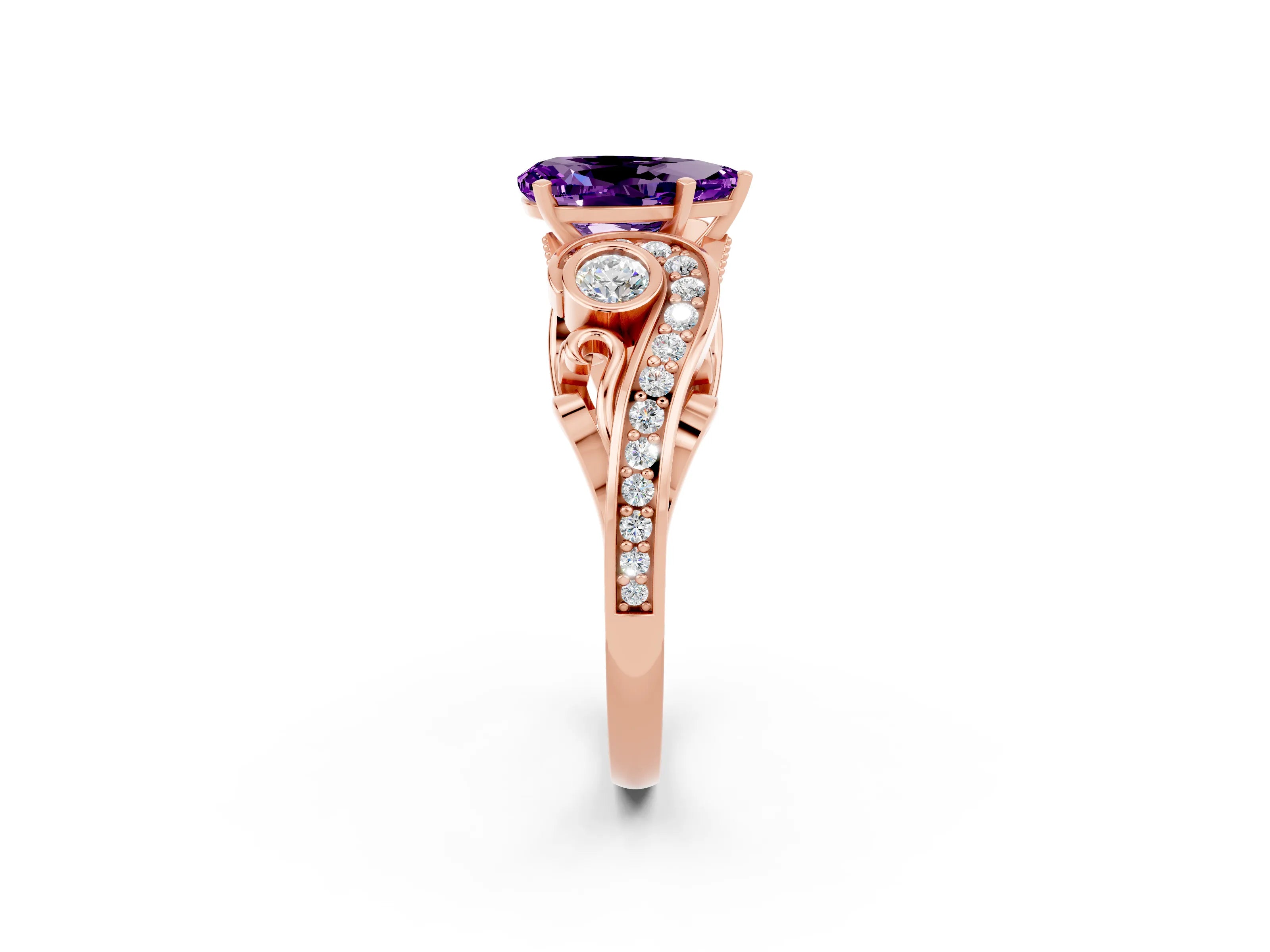 Rose gold Pear Cut Amethyst Solitaire Ring with Milgrain Pavé Band and Four-Prong Setting_26