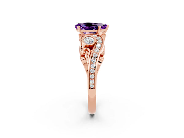 Rose gold Pear Cut Amethyst Solitaire Ring with Milgrain Pavé Band and Four-Prong Setting