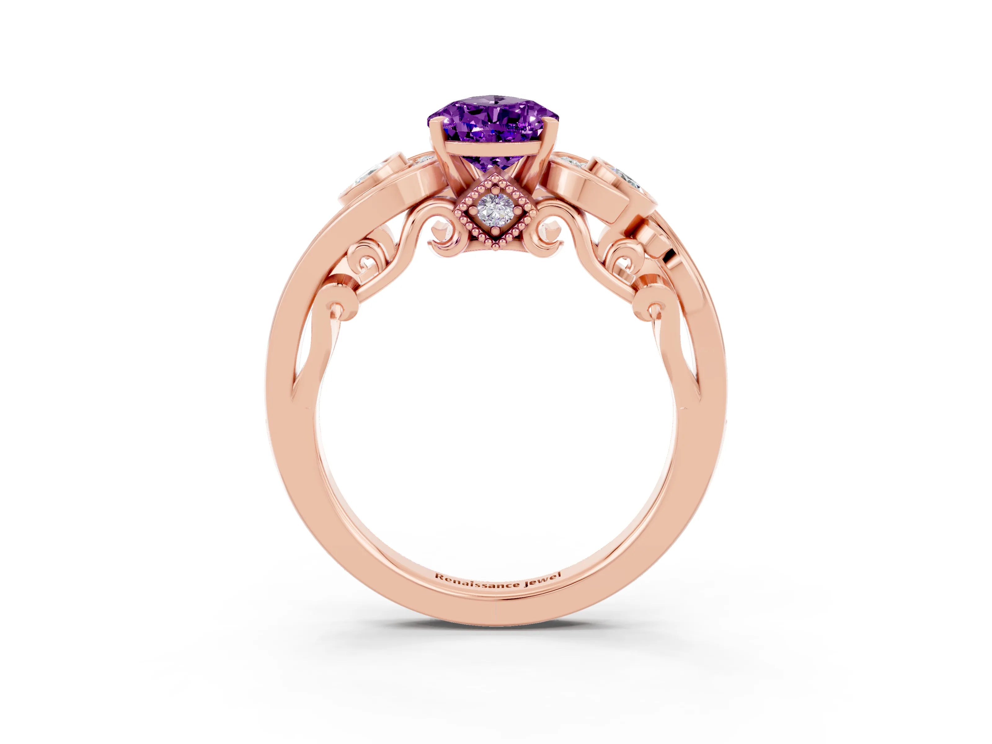 Rose gold Pear Cut Amethyst Solitaire Ring with Milgrain Pavé Band and Four-Prong Setting_27