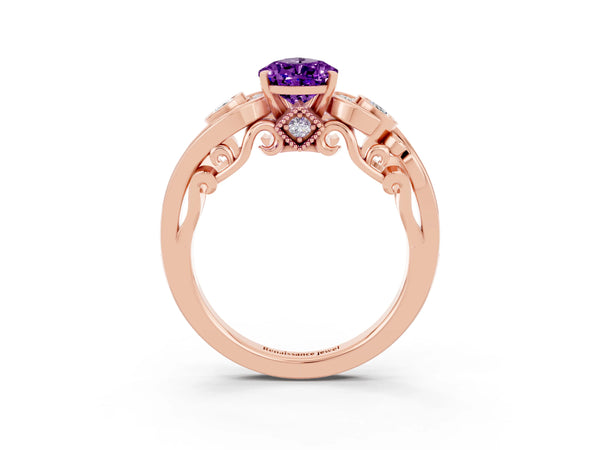 Rose gold Pear Cut Amethyst Solitaire Ring with Milgrain Pavé Band and Four-Prong Setting
