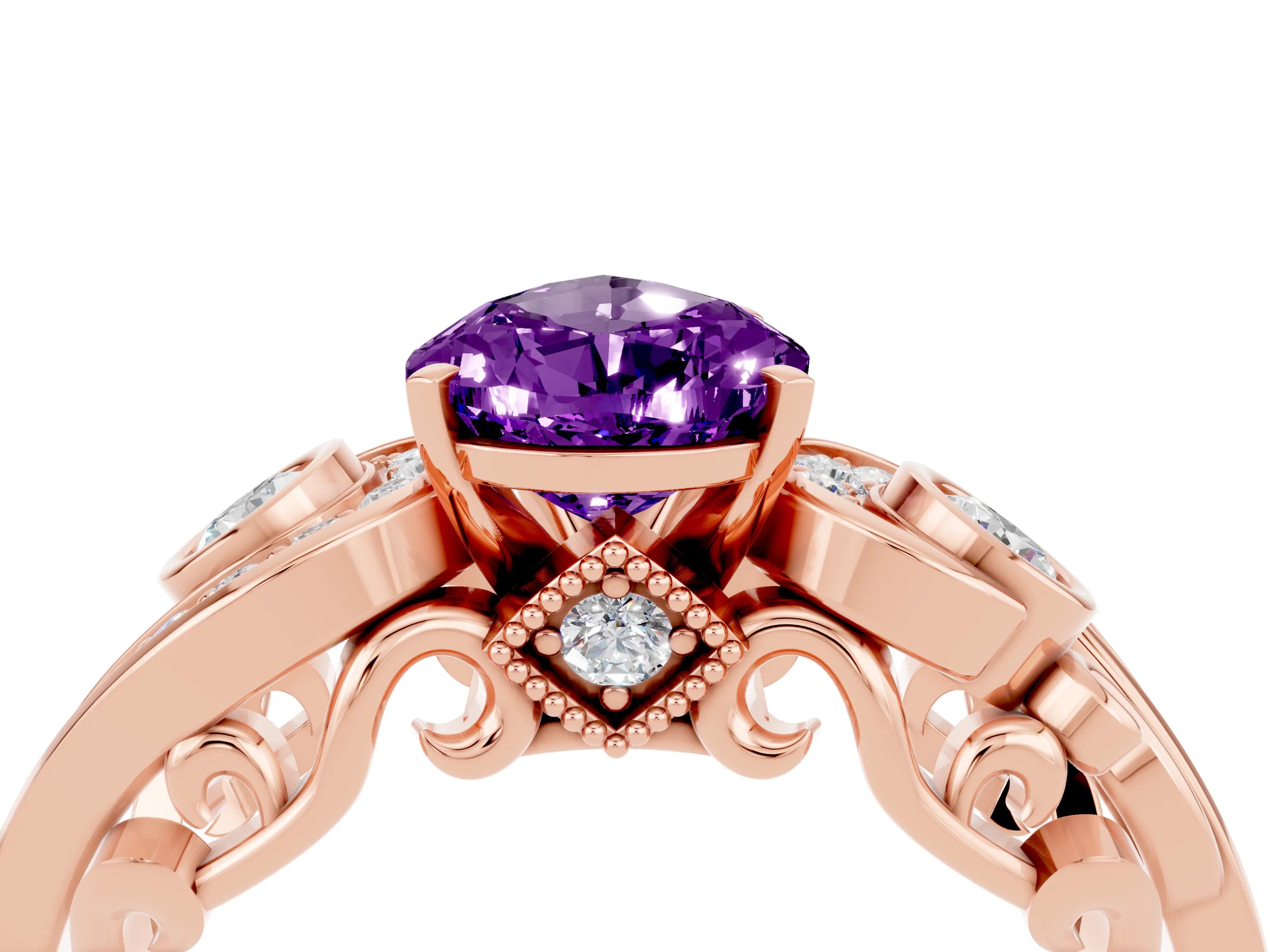 Rose gold Pear Cut Amethyst Solitaire Ring with Milgrain Pavé Band and Four-Prong Setting_28