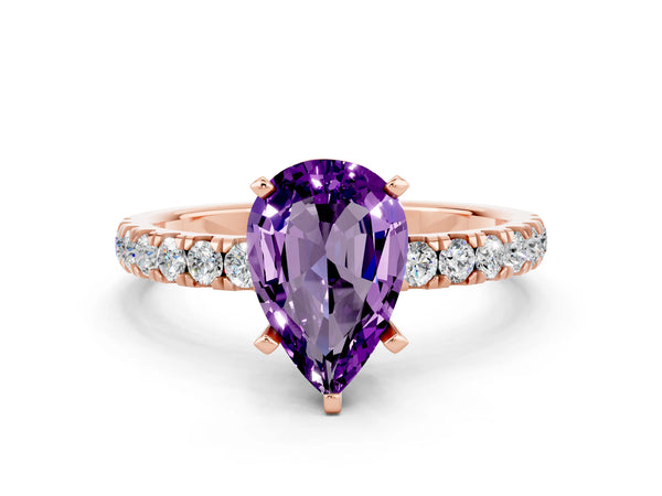 Rose gold Pear Cut Amethyst Solitaire Ring with Pavé Accents and Four-Prong Setting