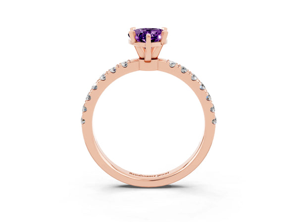 Rose gold Pear Cut Amethyst Solitaire Ring with Pavé Accents and Four-Prong Setting