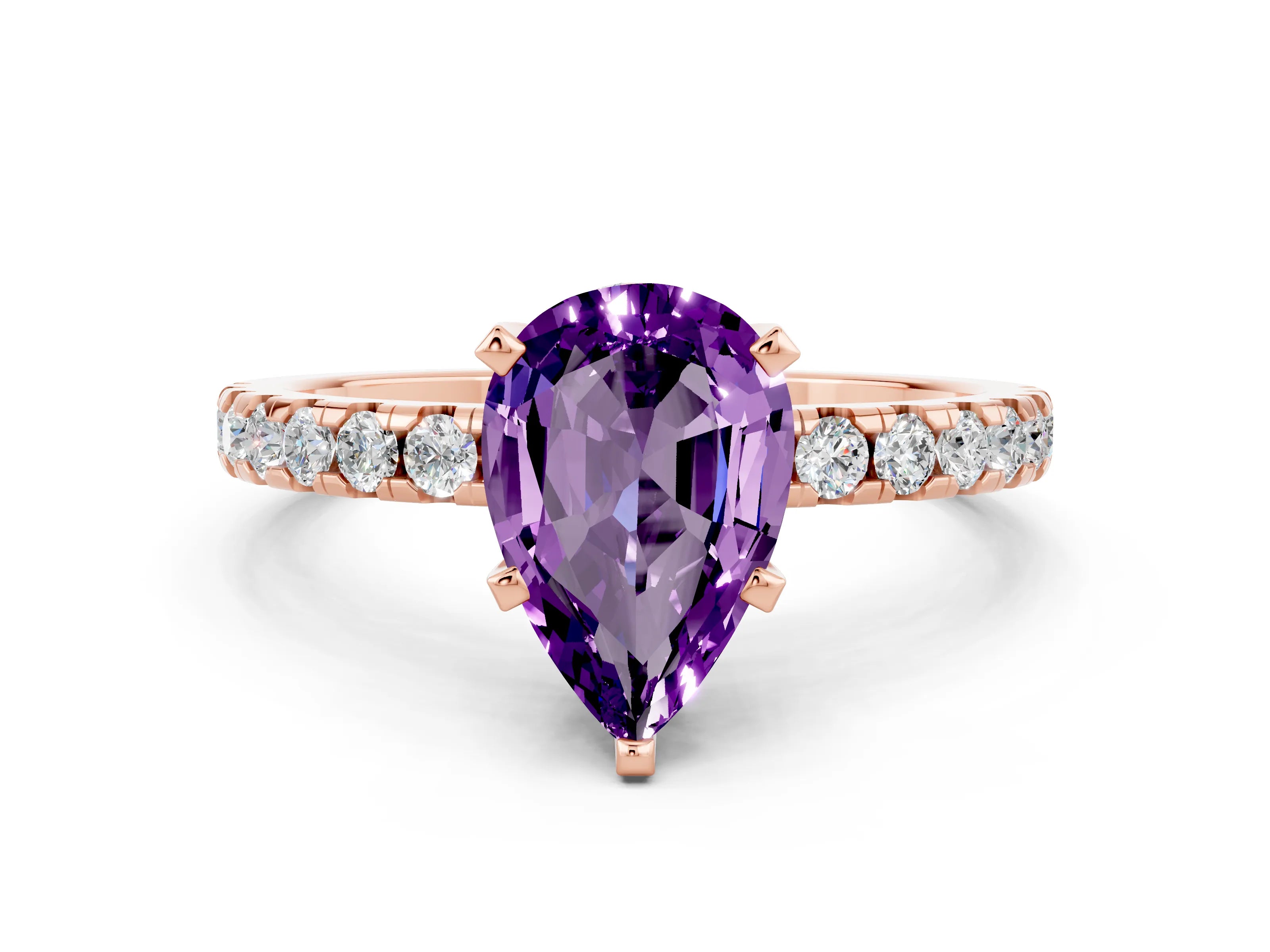 Rose gold Pear Cut Amethyst Solitaire Ring with Pavé Band and Four-Prong Setting_24