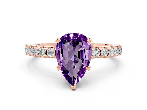 Rose gold Pear Cut Amethyst Solitaire Ring with Round  Pavé Band and Four-Prong Setting