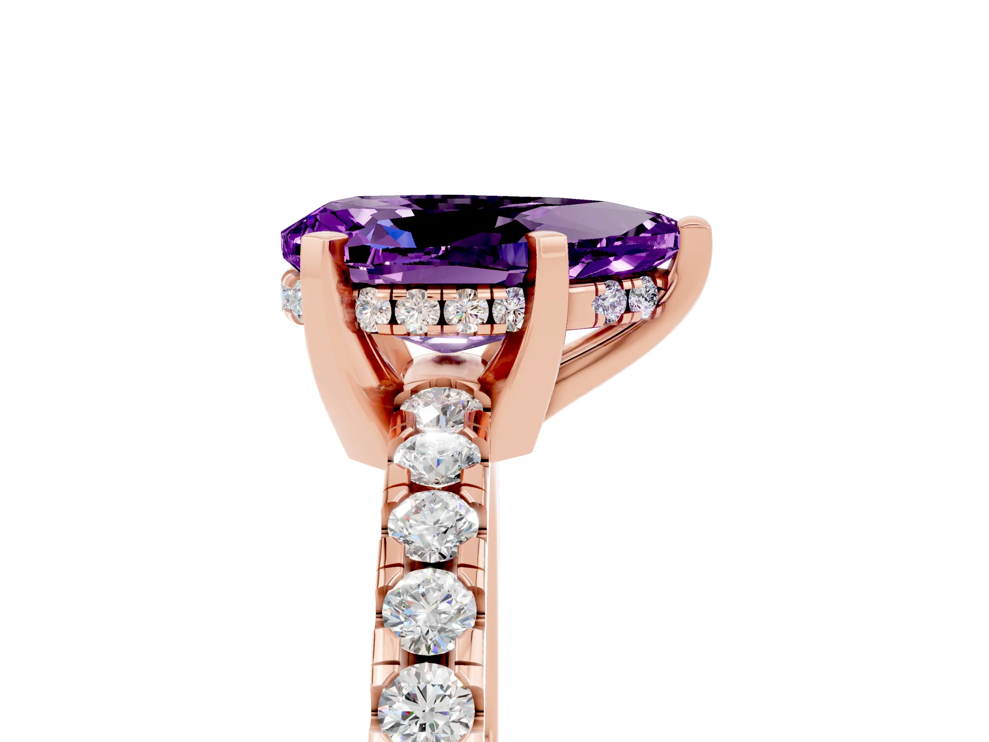 Rose gold Pear Cut Amethyst Solitaire Ring with Pavé Band and Four-Prong Setting_29