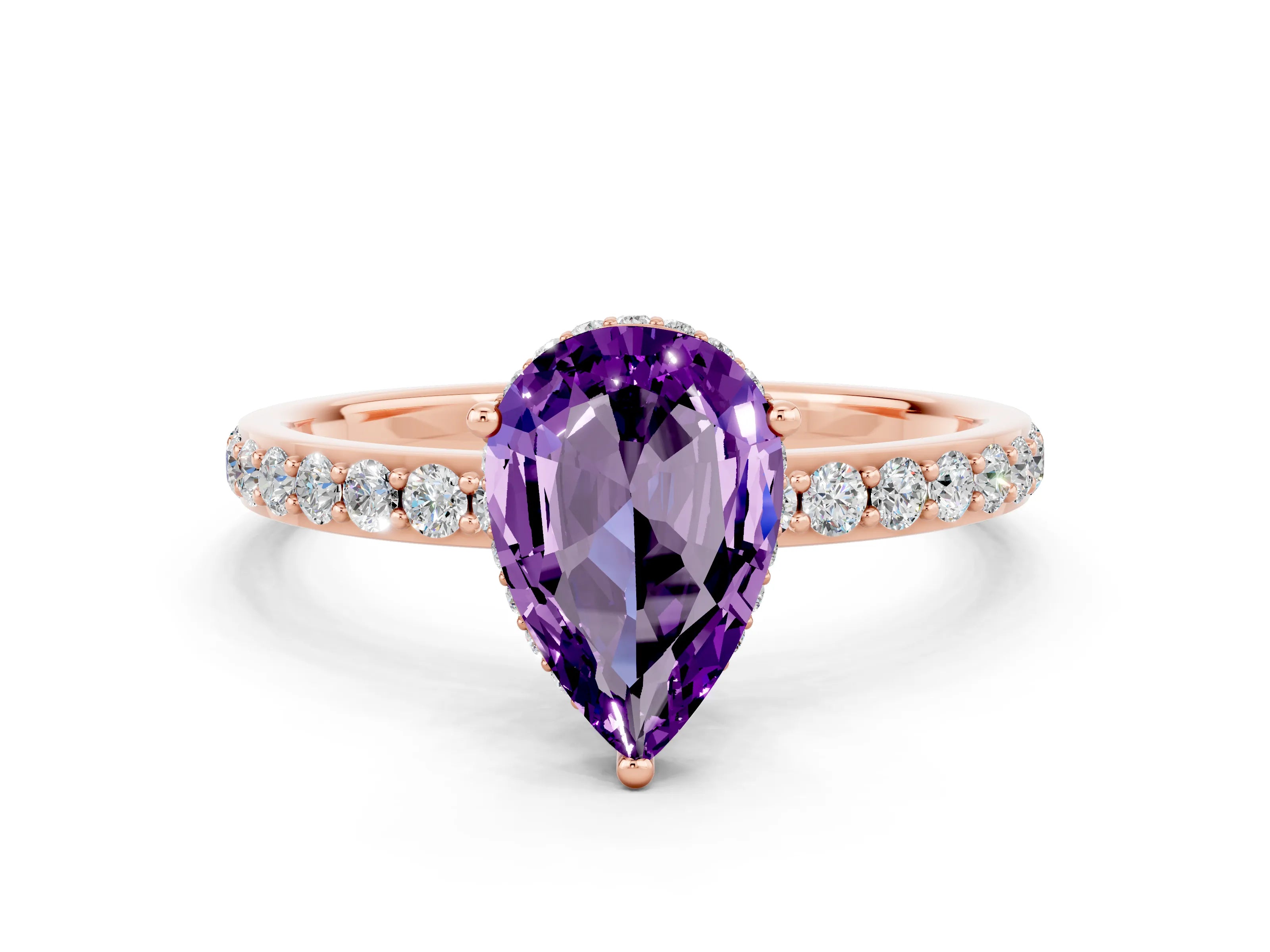 Rose gold Pear Cut Amethyst Solitaire Ring with Pavé Band and Hidden Halo_12