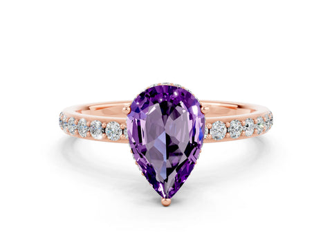 Rose gold Pear Cut Amethyst Solitaire Ring with Pavé Band and Hidden Halo_12