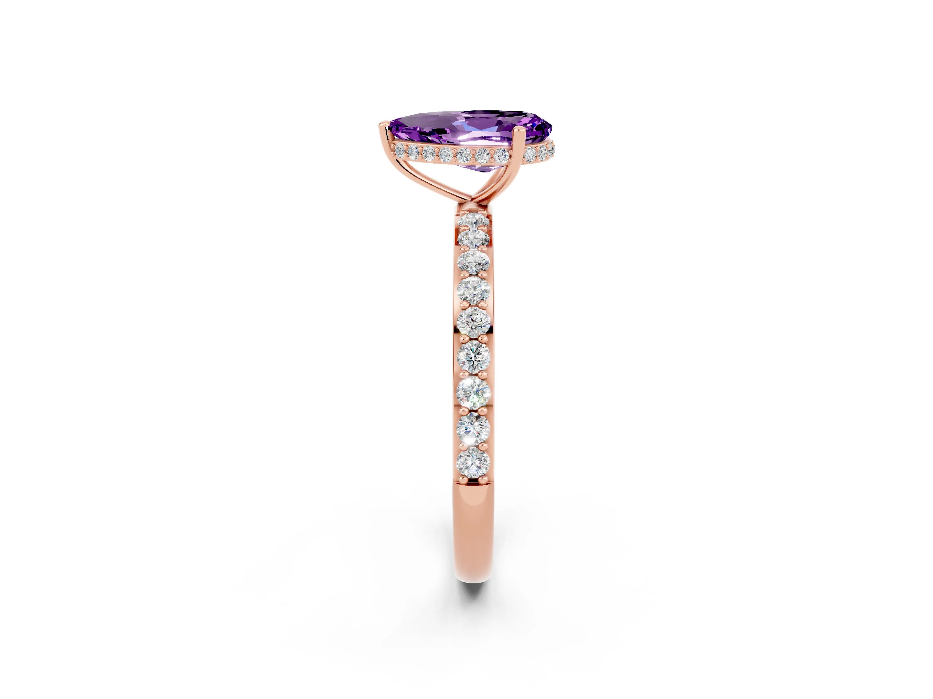 Rose gold Pear Cut Amethyst Solitaire Ring with Pavé Band and Hidden Halo_14