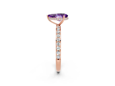 Rose gold Pear Cut Amethyst Solitaire Ring with Pavé Band and Hidden Halo_14