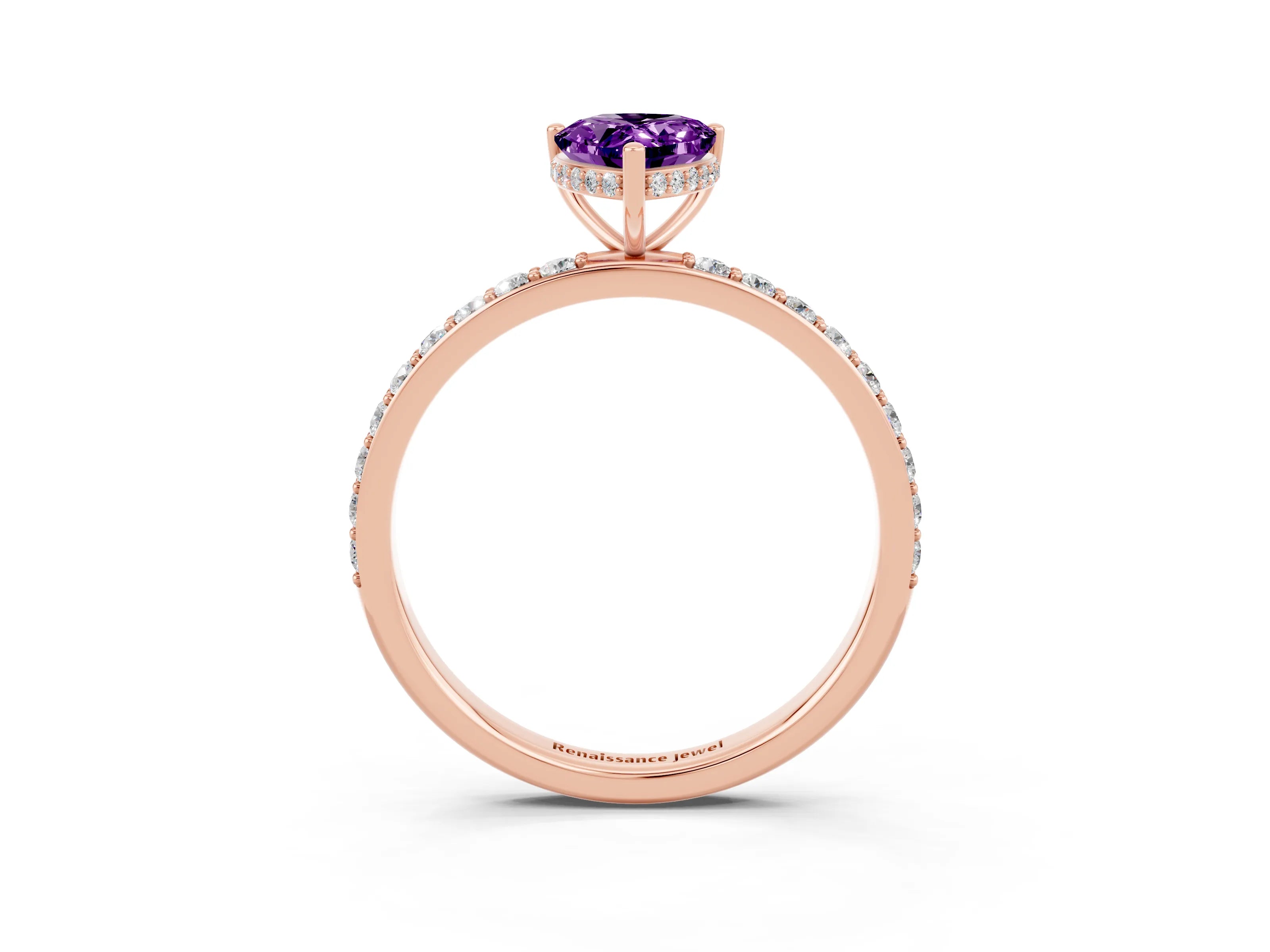 Rose gold Pear Cut Amethyst Solitaire Ring with Pavé Band and Hidden Halo_15